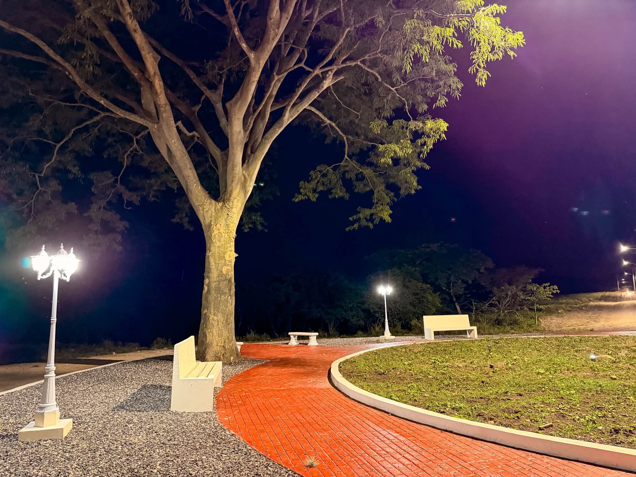 Sendero y bancas de la rotonda de noche