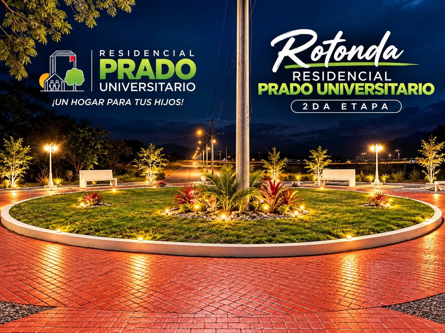 Rotonda de la segunda etapa con logotipo del residencial